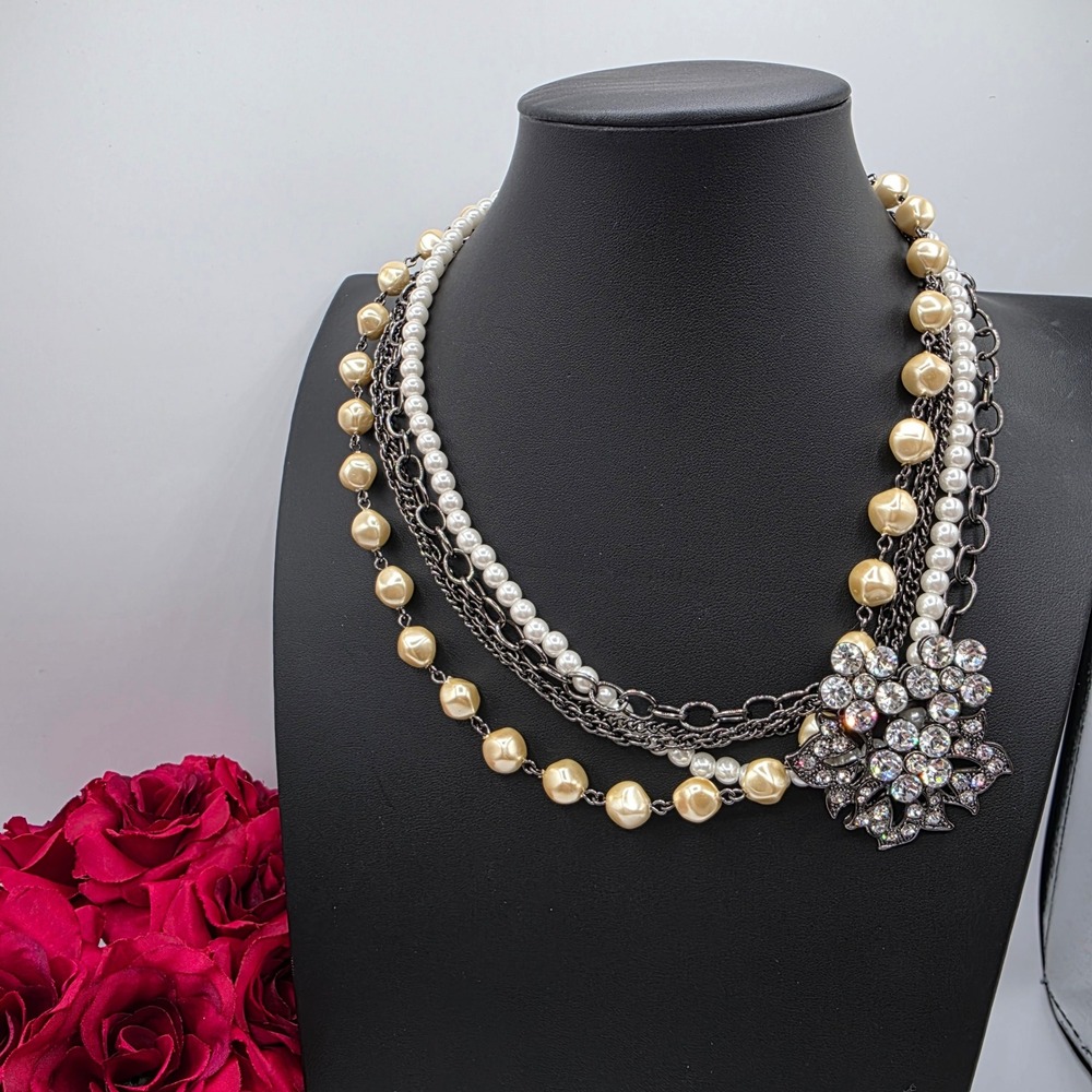 Express Gunmetal Faux Pearl Rhinestone Floral Multi Strand Statement Necklace